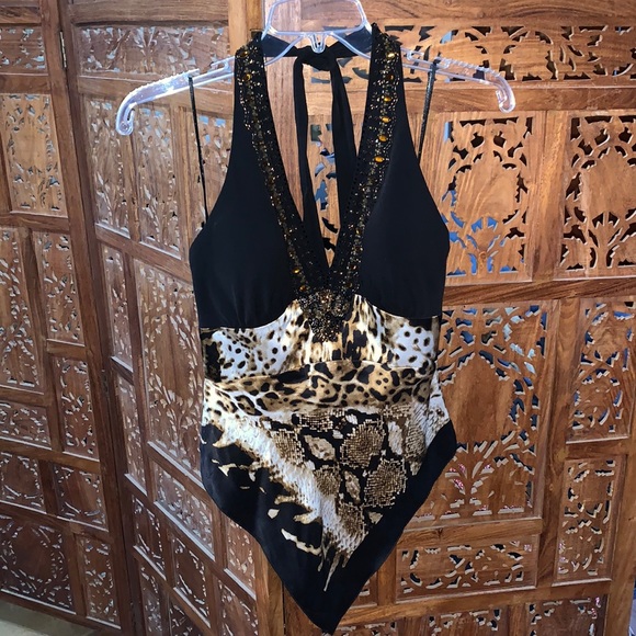 Cache Tops - 🚨SOLD ELSEWHERE!🚨Cache Beaded Silk Animal Print “V” Hem Halter Top